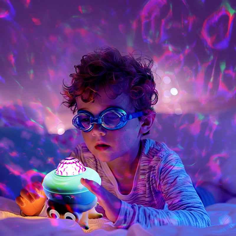 Ocean wave night light projector in dark living room
