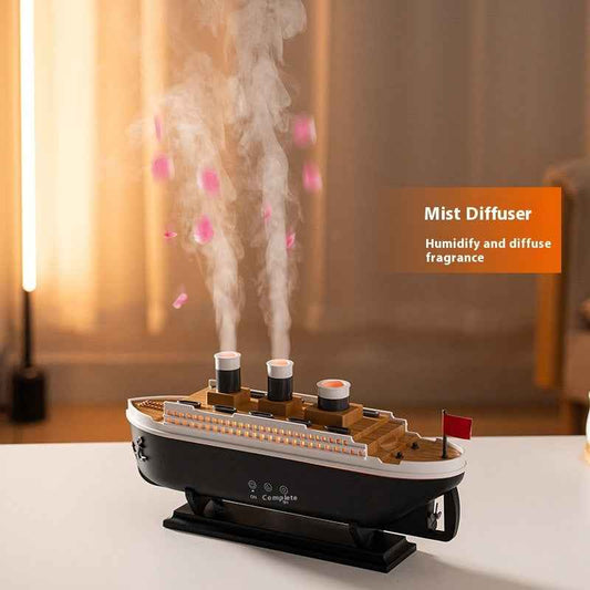Retro ship humidifier glowing on bedside table at night