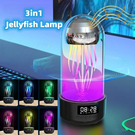 JellyGlow 3in1 : Colorful jellyfish lamp, digital clock & Bluetooth speaker in one stylish design.