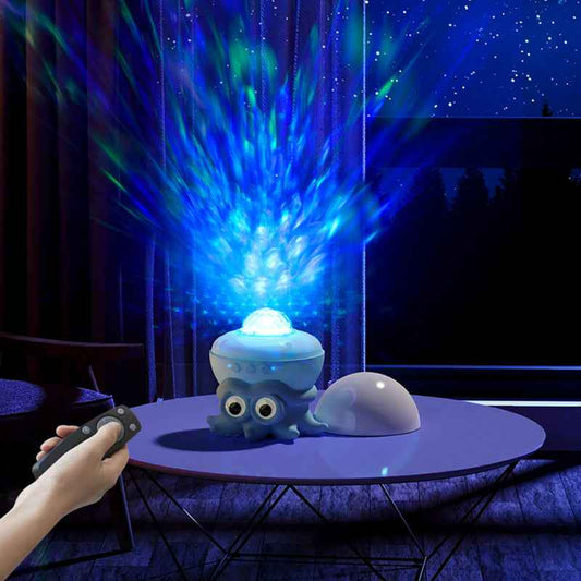 Octopus ocean wave projector glowing blue on bedroom ceiling
